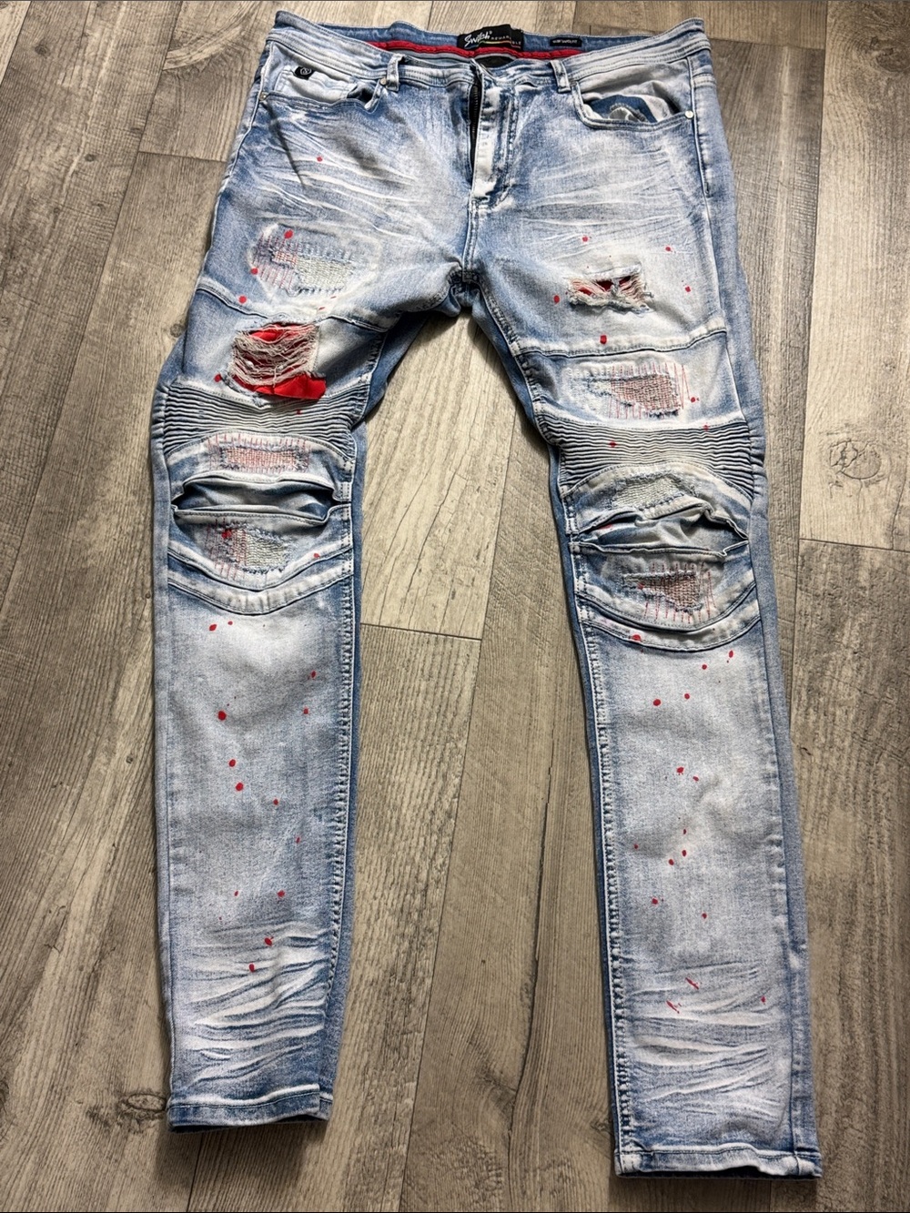 Men's Light Blue Skinny Distressed Jeans with Red Paint Detail